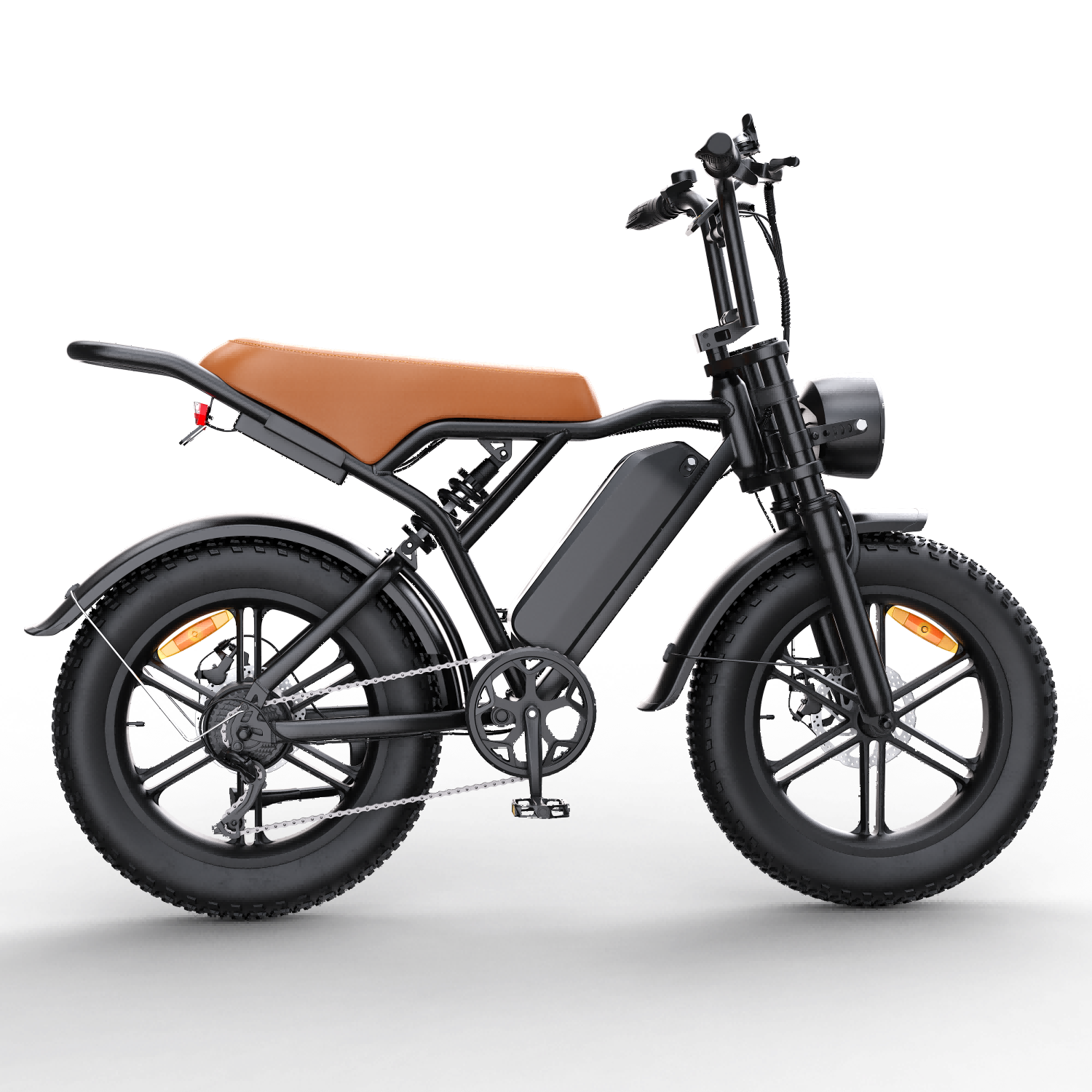 Czarny rower elektryczny z brązową skórzaną kanapą, grubymi oponami i czarną ramą.