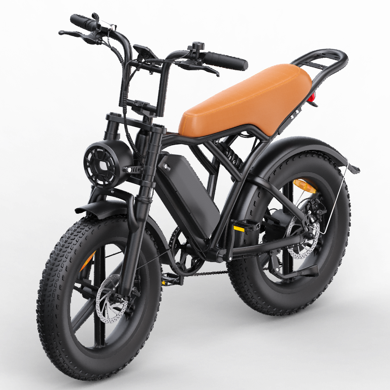 Czarny rower elektryczny z brązowym siedzeniem i grubymi oponami.