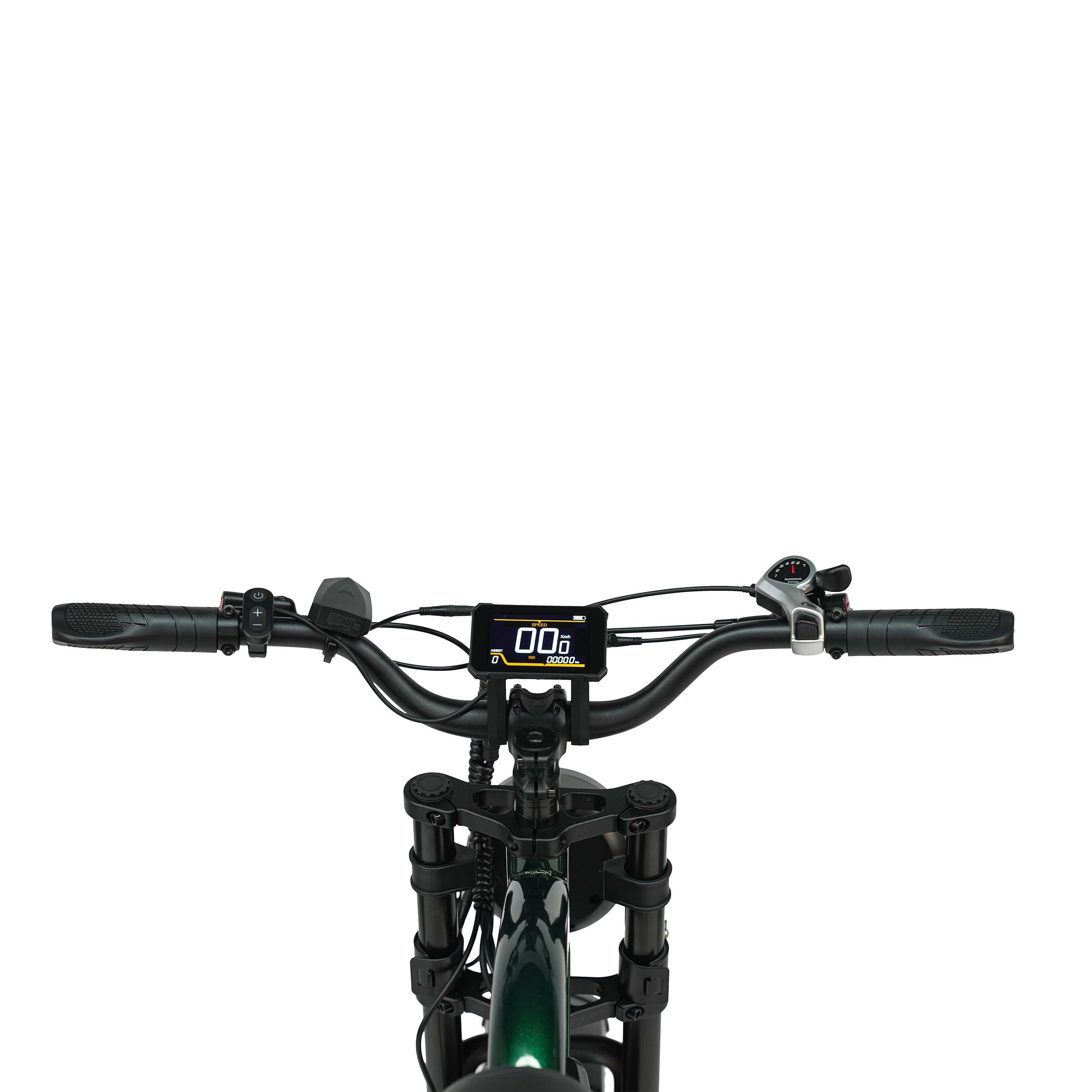 Kierownica roweru elektrycznego z wyświetlaczem, chwytami i kontrolkami.