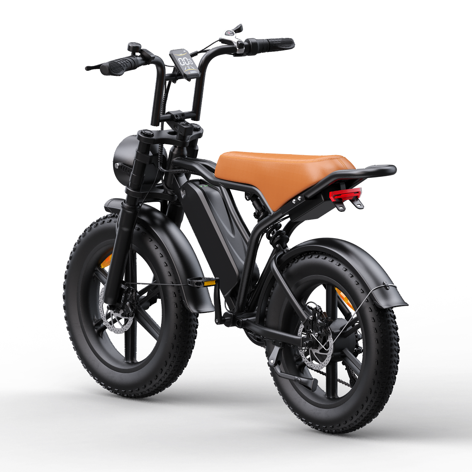 Czarny rower elektryczny z szerokimi oponami, brązowym siodełkiem i cyfrowym wyświetlaczem.