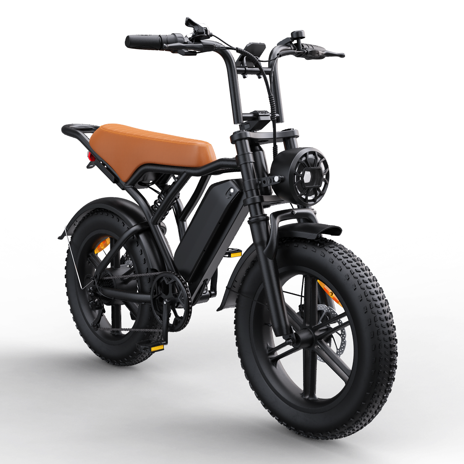 Czarny rower elektryczny z brązowym siedzeniem i grubymi oponami na czarnym tle.