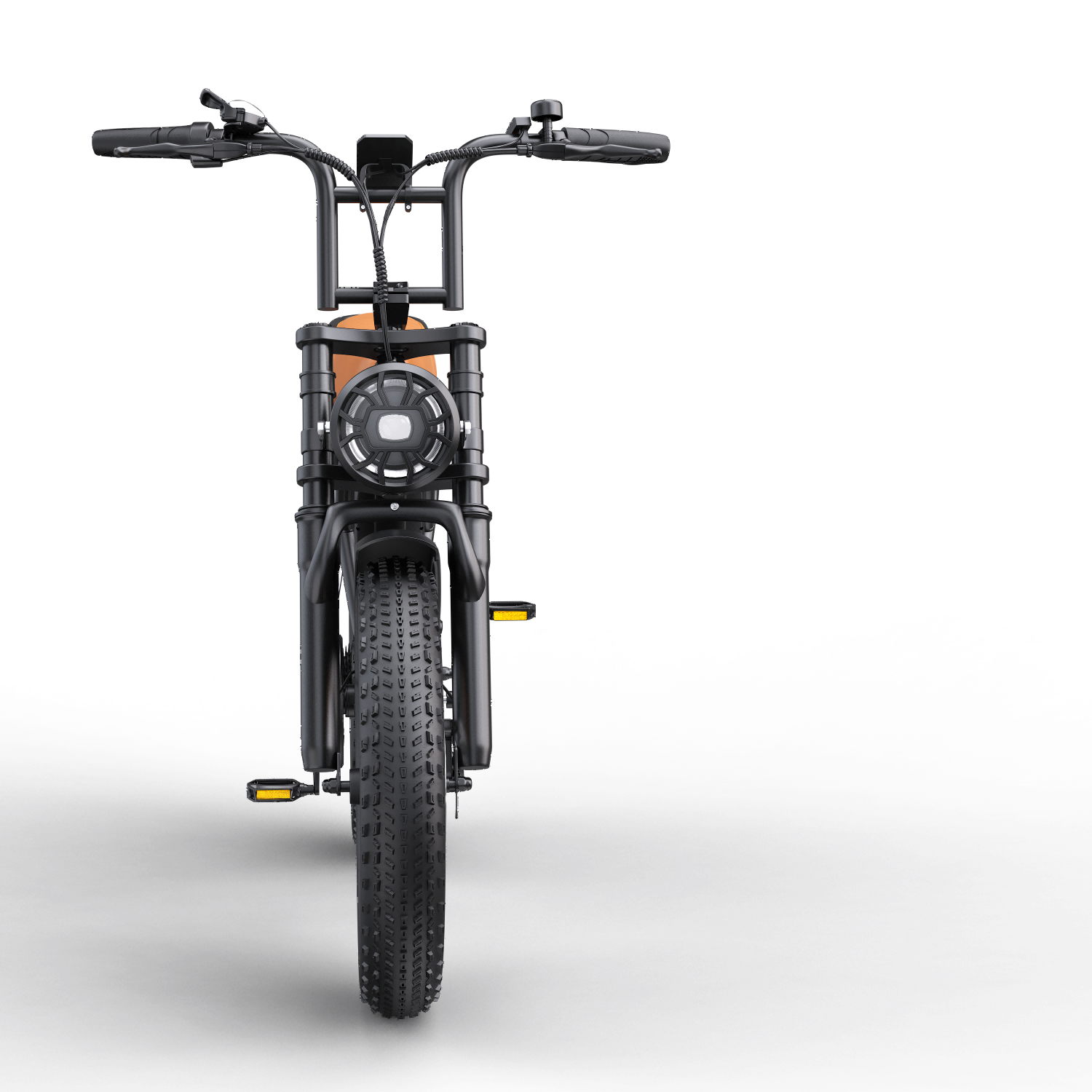 Czarny rower elektryczny z grubymi oponami, okrągłym reflektorem i brązowym siodełkiem.