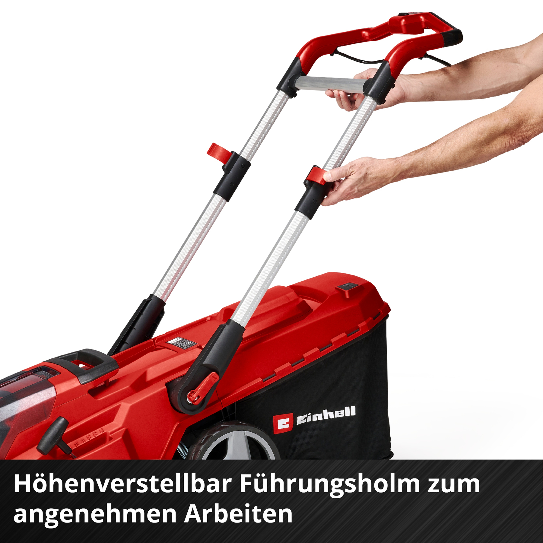Rote Rasenmäher mit verstellbarem Griff, von Händen gehalten.
