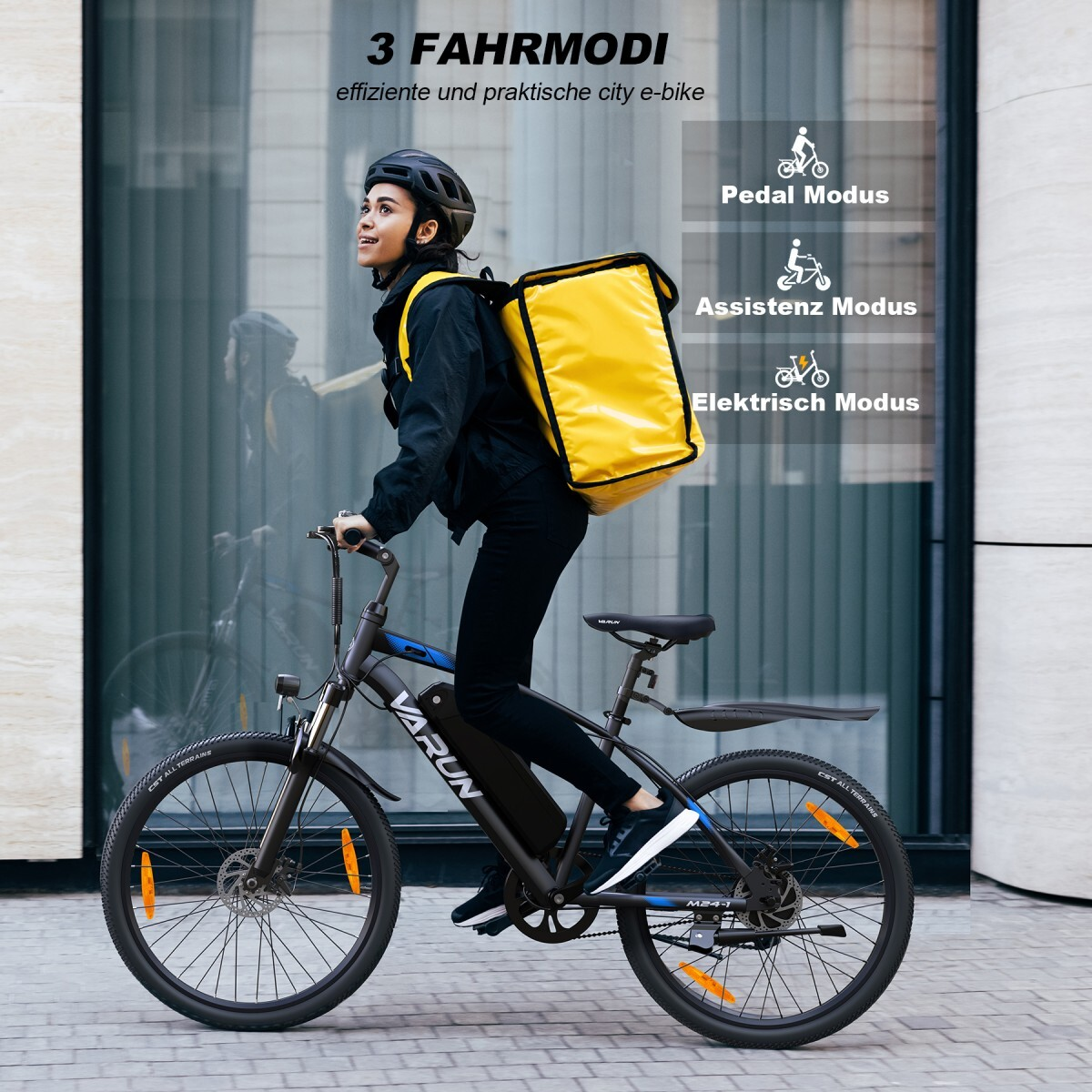 Kobieta jedzie na rowerze elektrycznym z dużą żółtą torbą, pokazując trzy tryby.