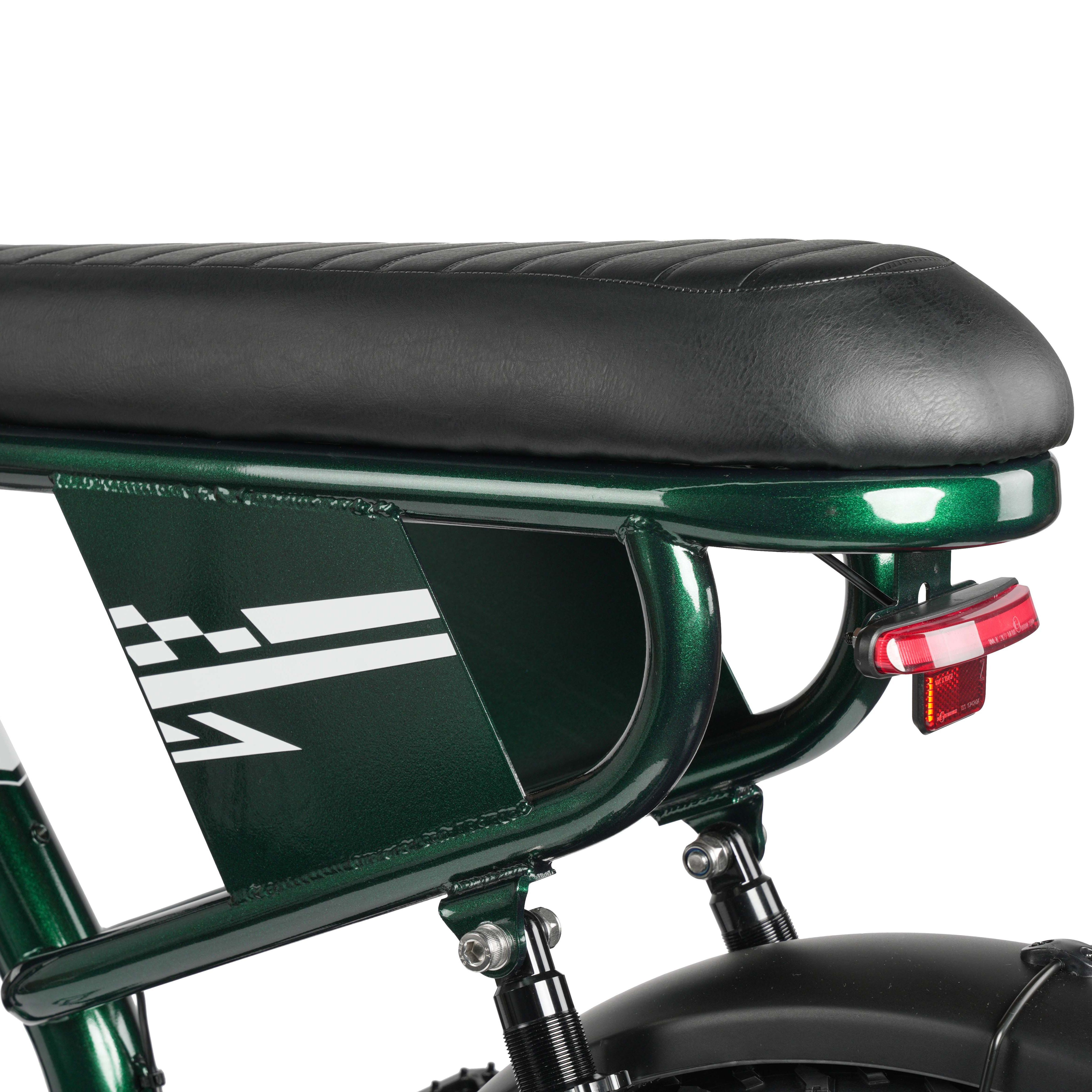 Dunkelgrünes Fahrrad mit schwarzem Sitz und Rücklicht.