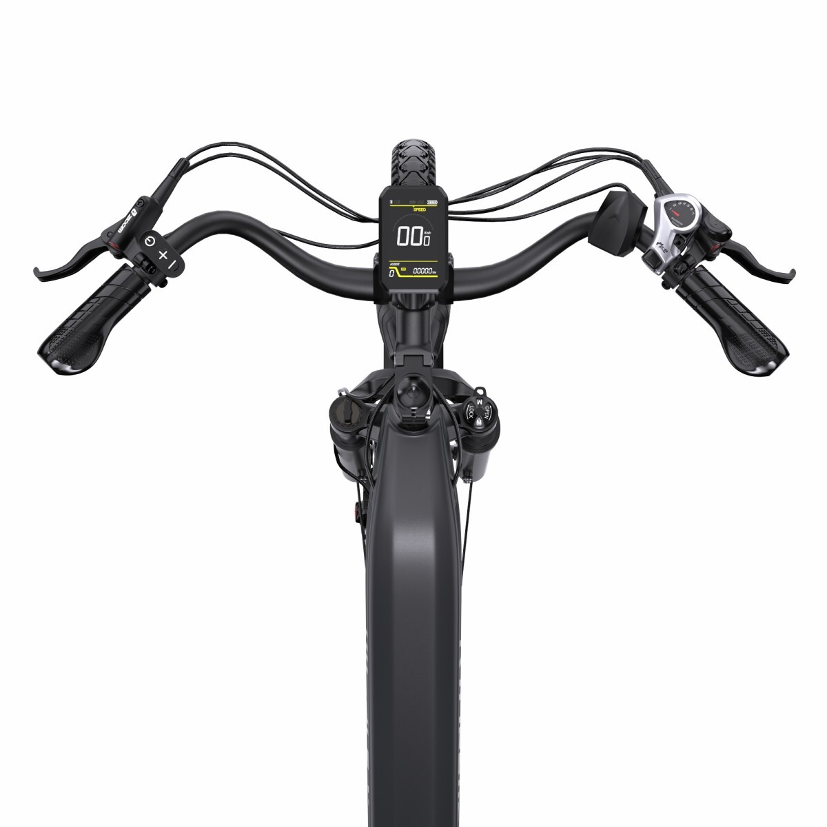 Kierownica czarnego roweru elektrycznego z cyfrowym wyświetlaczem, hamulcami i manetką.