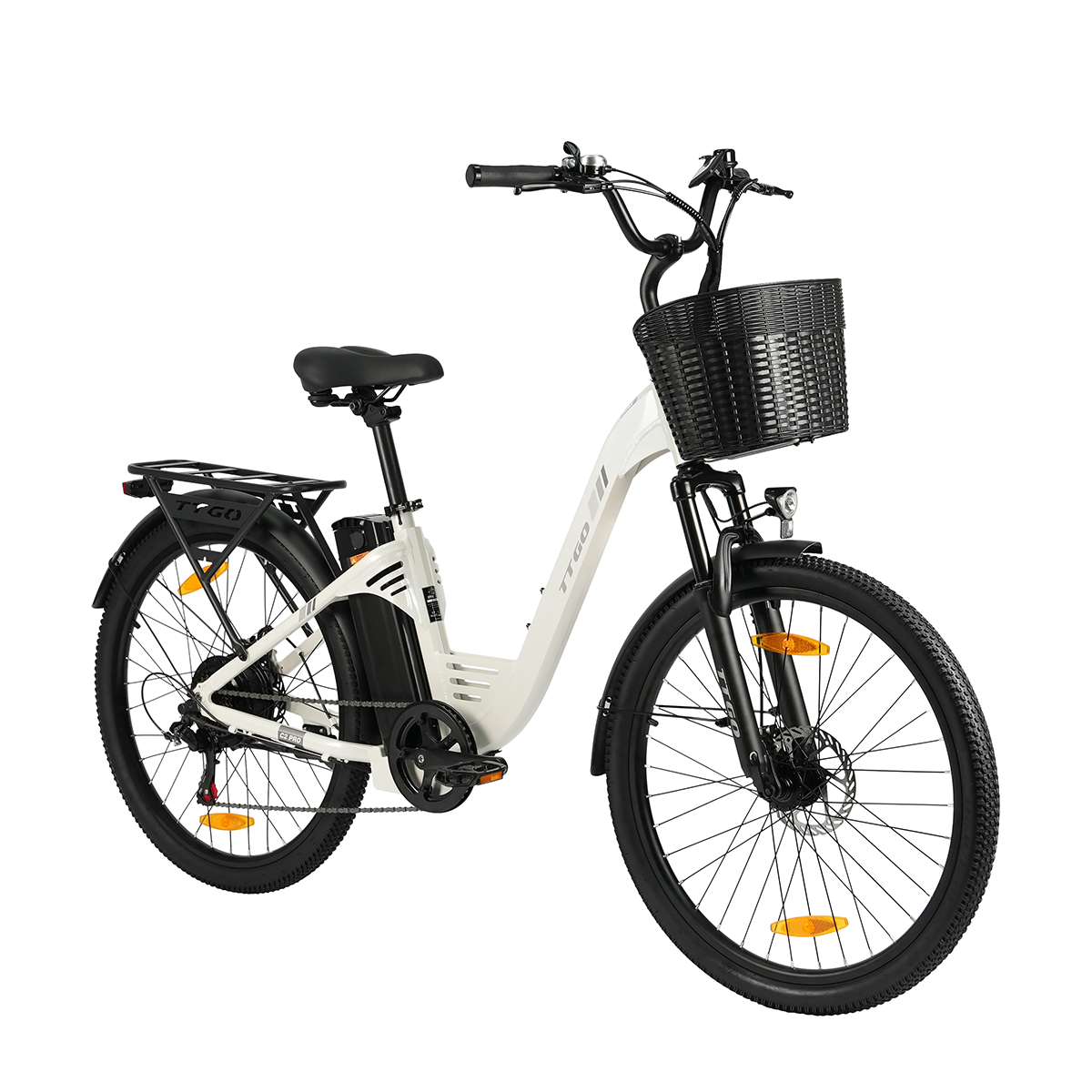 Biały rower elektryczny z czarnym koszykiem, bagażnikiem i baterią.
