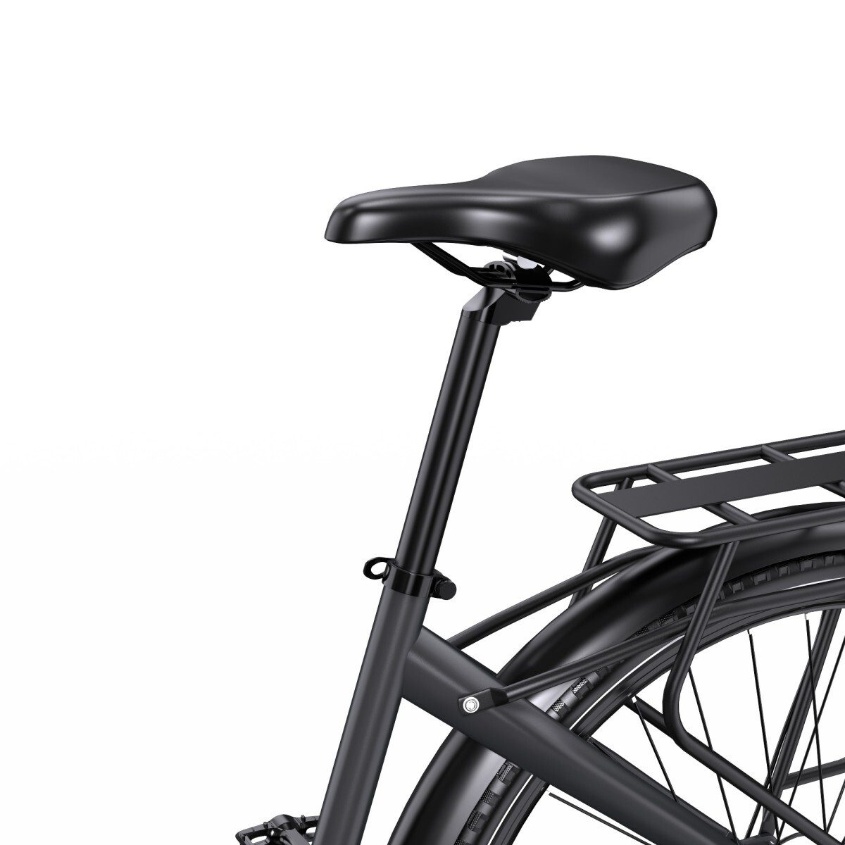 Czarny fotel rowerowy i bagażnik na białym tle.