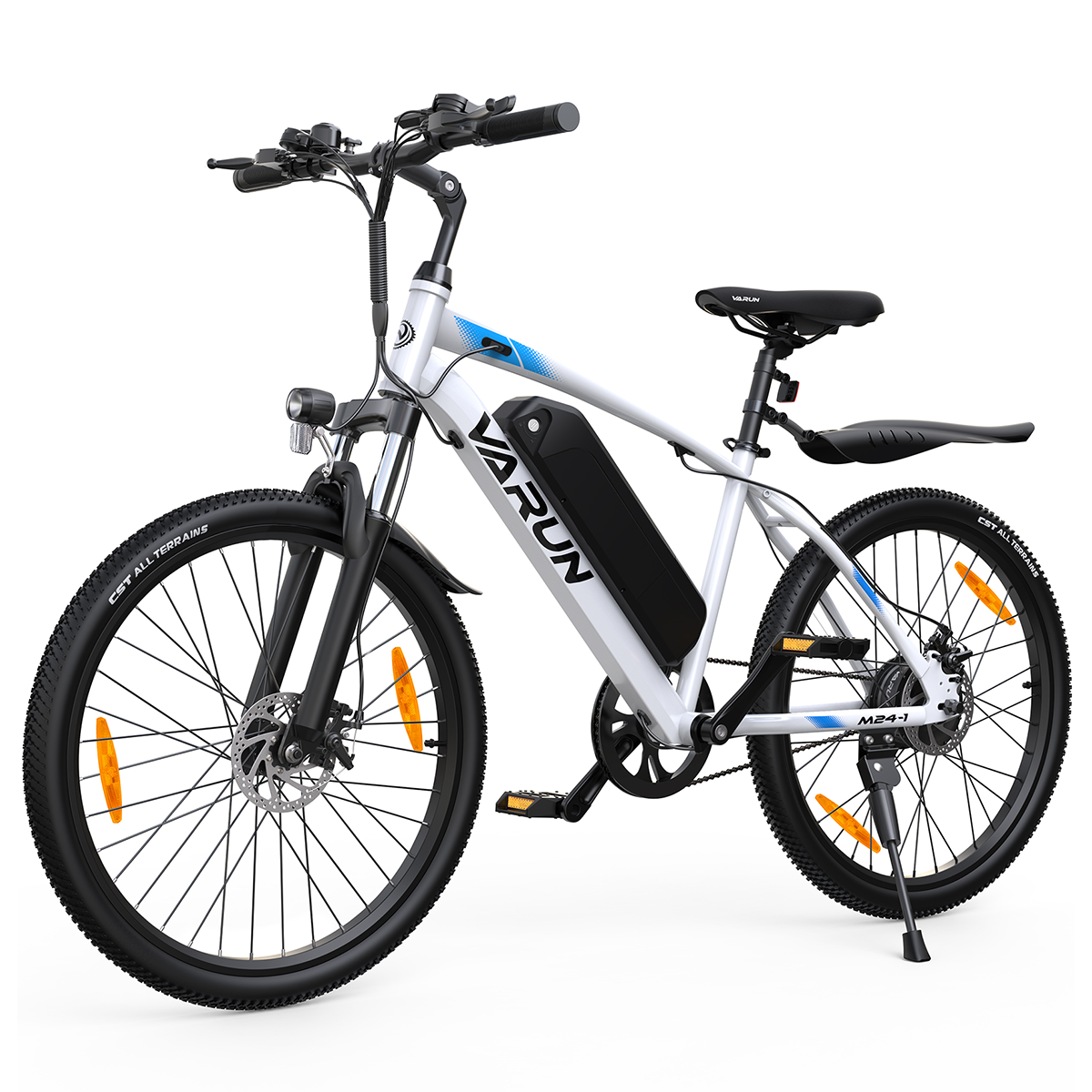 Biały rower elektryczny z czarnymi akcentami na białym tle.