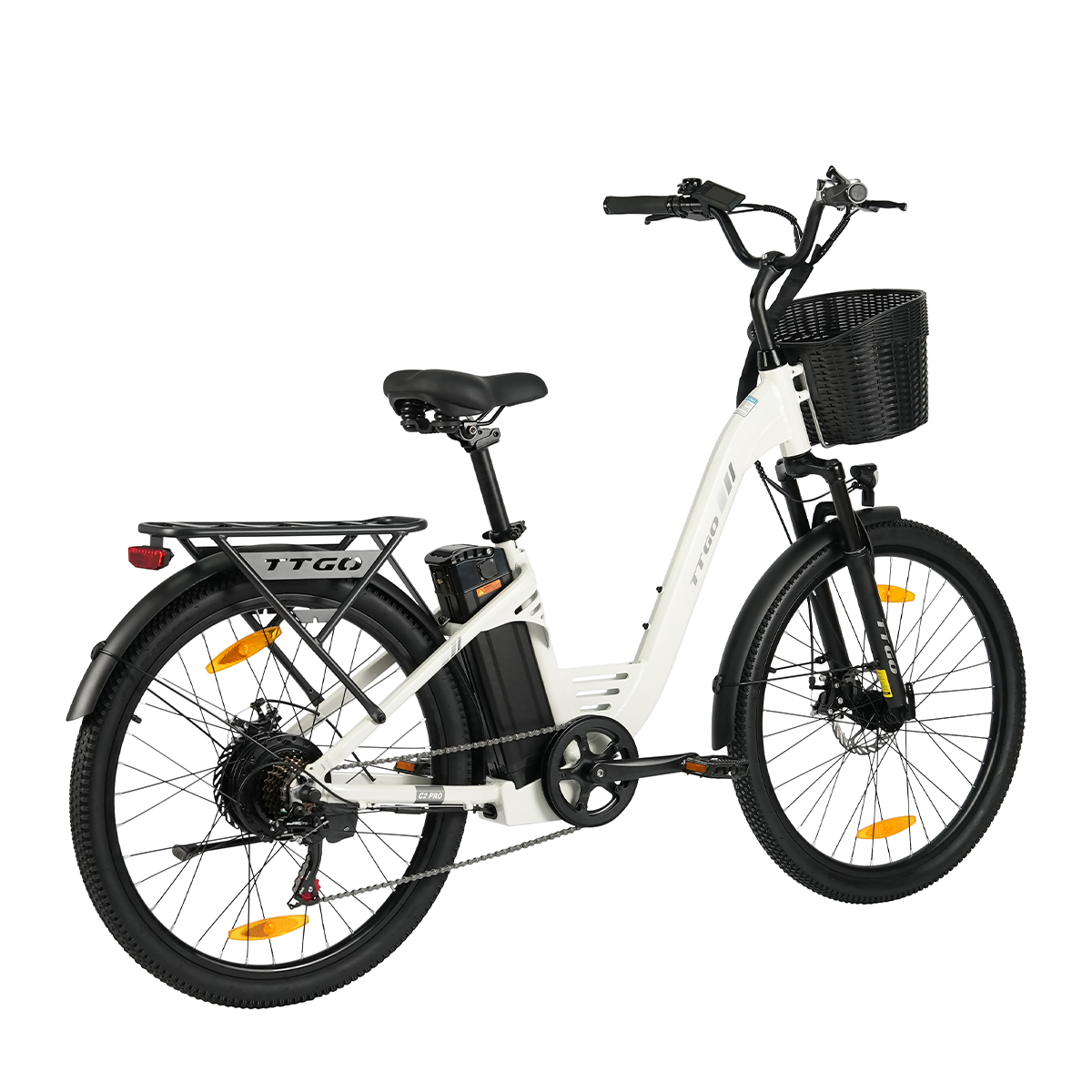 Biały rower elektryczny z czarnym koszykiem, bagażnikiem i baterią.