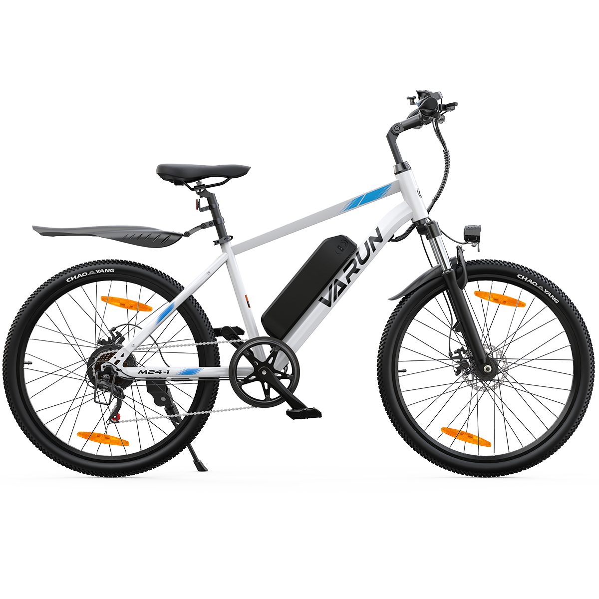 Biały rower elektryczny z czarnymi oponami, detalami i czarnym akumulatorem.