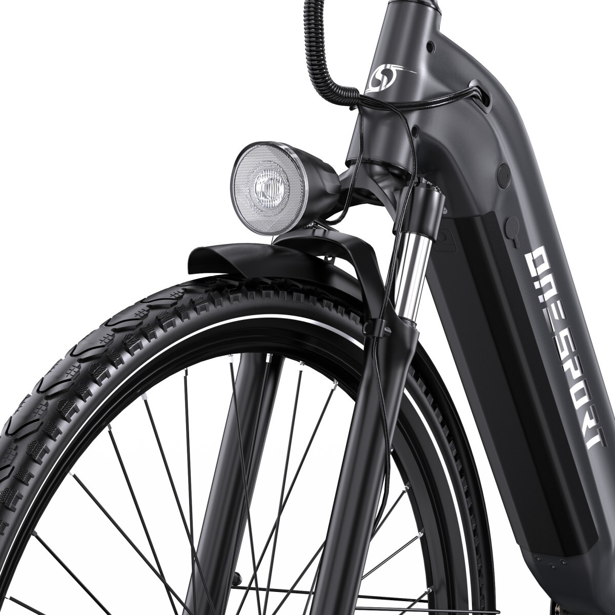 Widok z przodu czarnego roweru elektrycznego z reflektorem i oponą.