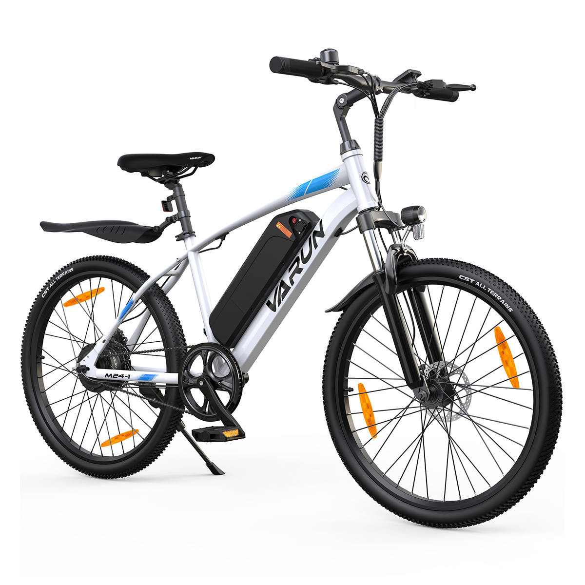 Biały rower elektryczny z czarnym akumulatorem, szerokimi oponami i odblaskami.