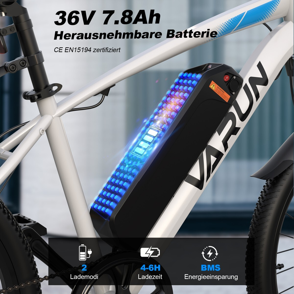 Zbliżenie na baterię roweru elektrycznego ze wskaźnikiem naładowania i tekstem.