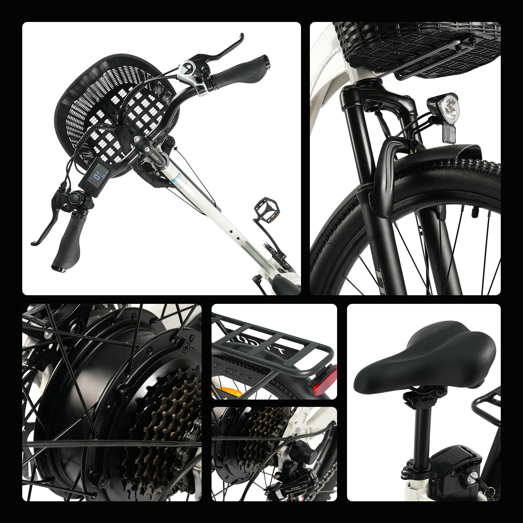 Szczegóły białego roweru elektrycznego: kierownica, koszyk, przedni widelec, światło, tylne koło, łańcuch, siodełko.