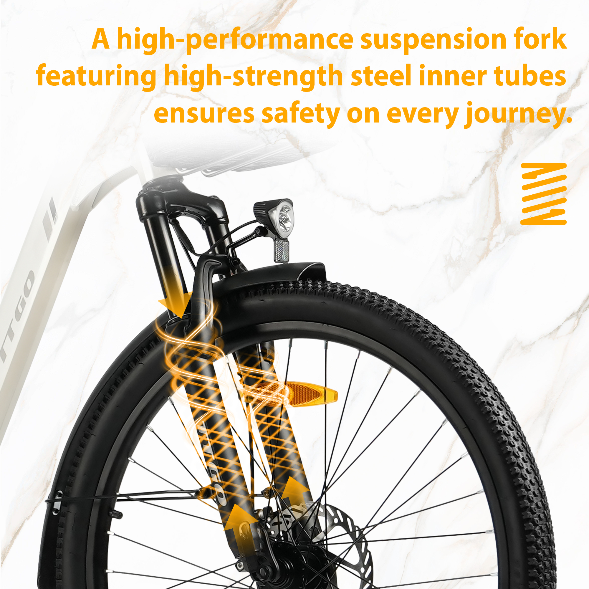 Widok z przodu widelca rowerowego z amortyzatorem, światłem i kołem.