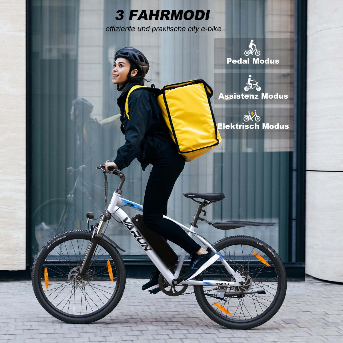 Kobieta w kasku i z żółtą torbą jedzie na białym e-bike z trzema trybami.