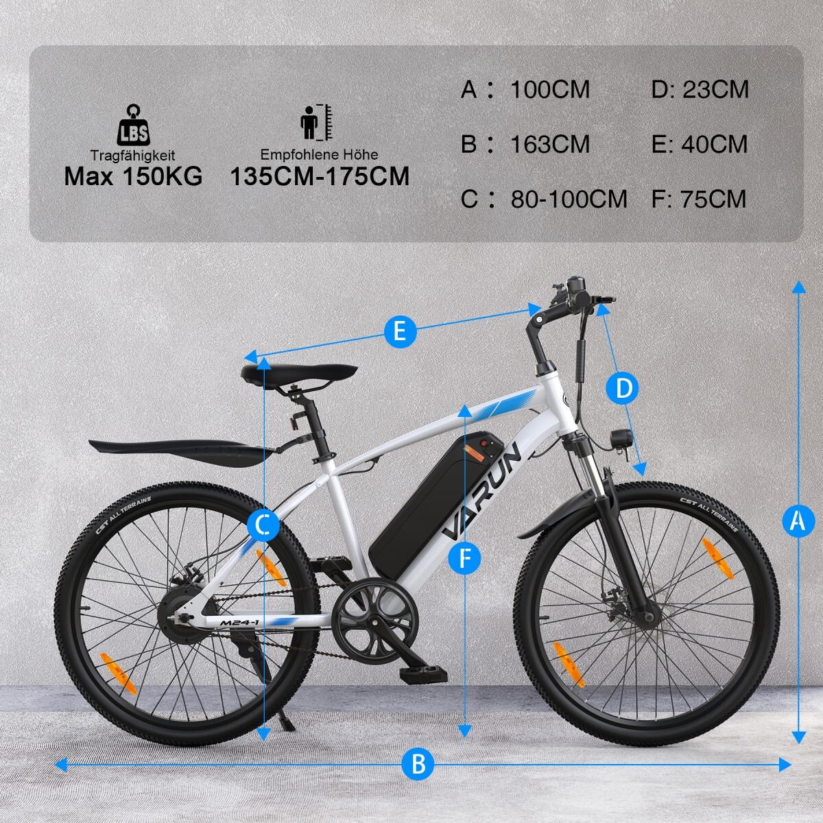 Biały rower elektryczny z czarnymi akcentami. Podano wymiary.