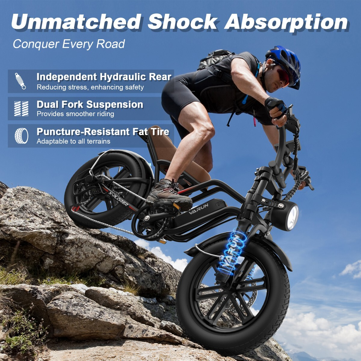 Mężczyzna jedzie na rowerze elektrycznym po skalistym terenie z niebieskim tekstem o amortyzacji.