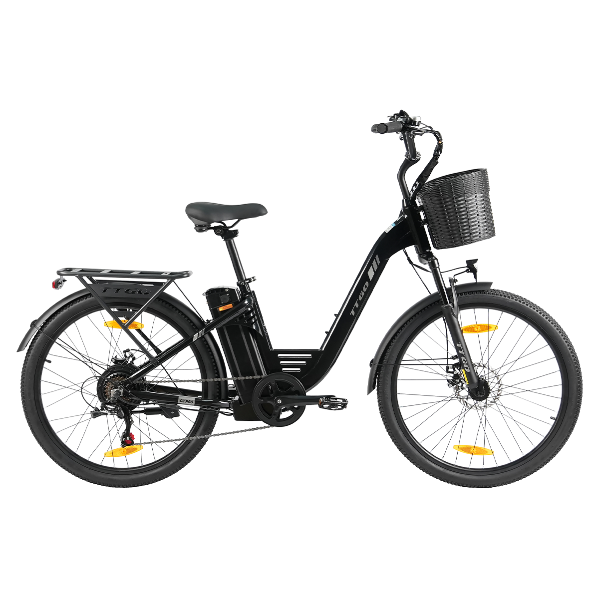 Czarny rower elektryczny z koszykiem, bagażnikiem i baterią.