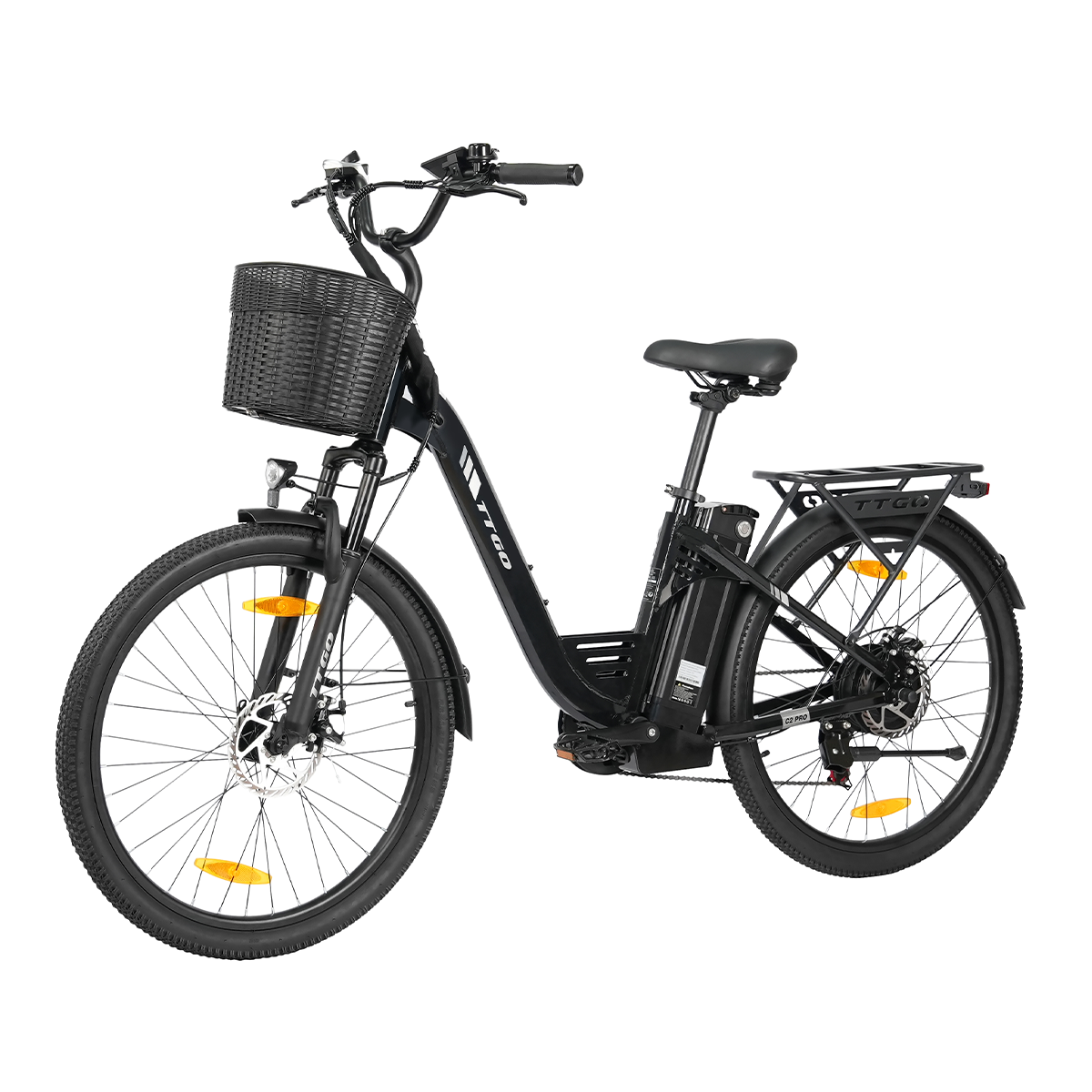 Czarny rower elektryczny z koszykiem z przodu, bagażnikiem z tyłu i baterią.