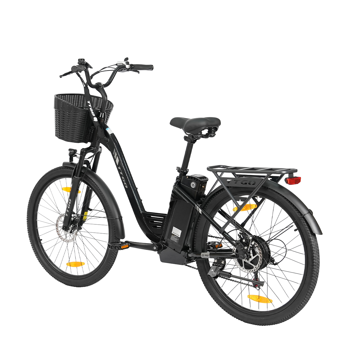Czarny rower elektryczny z przednim koszykiem, tylnym bagażnikiem i akumulatorem na ramie.