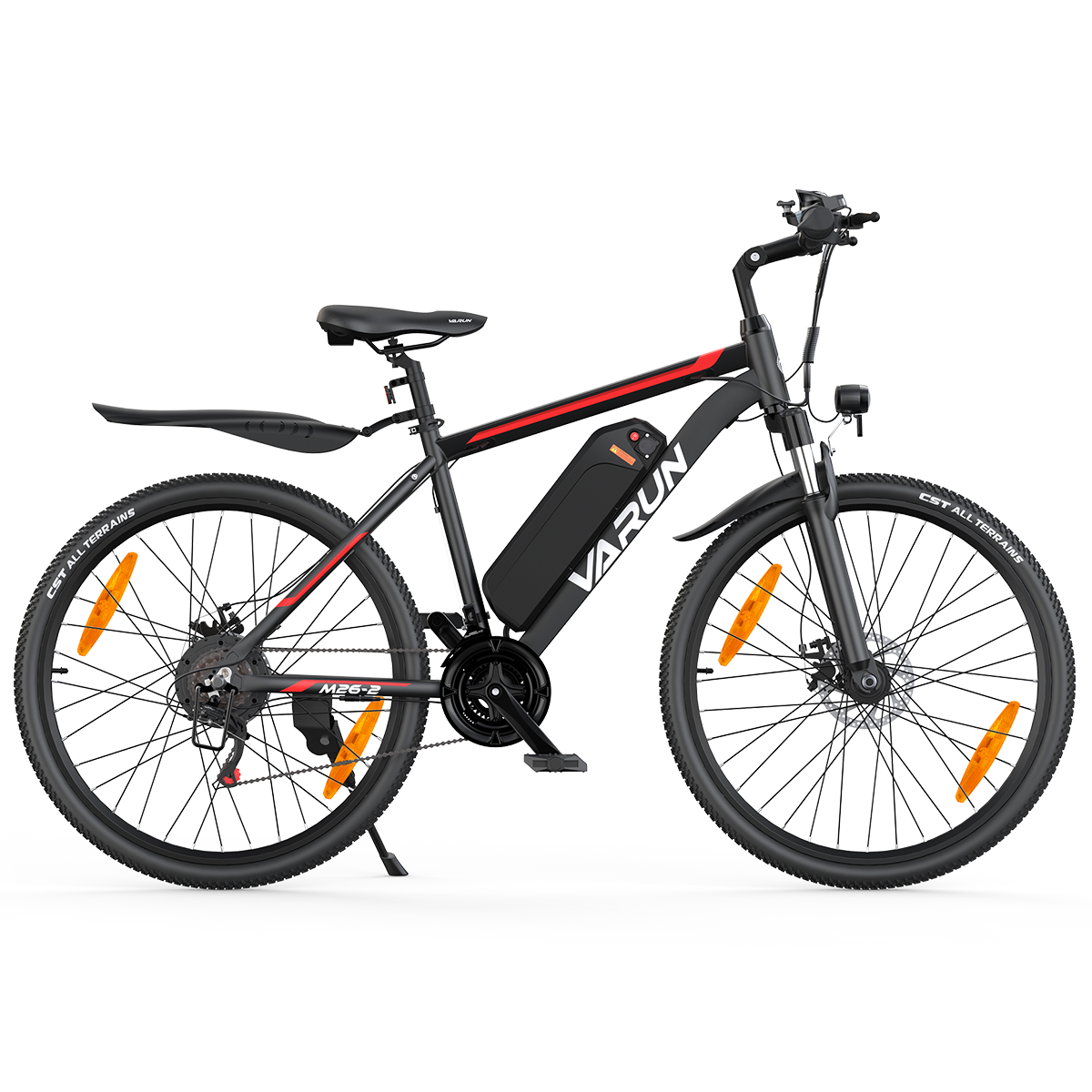 Czarny rower elektryczny z czerwonym paskiem, baterią i błotnikami.