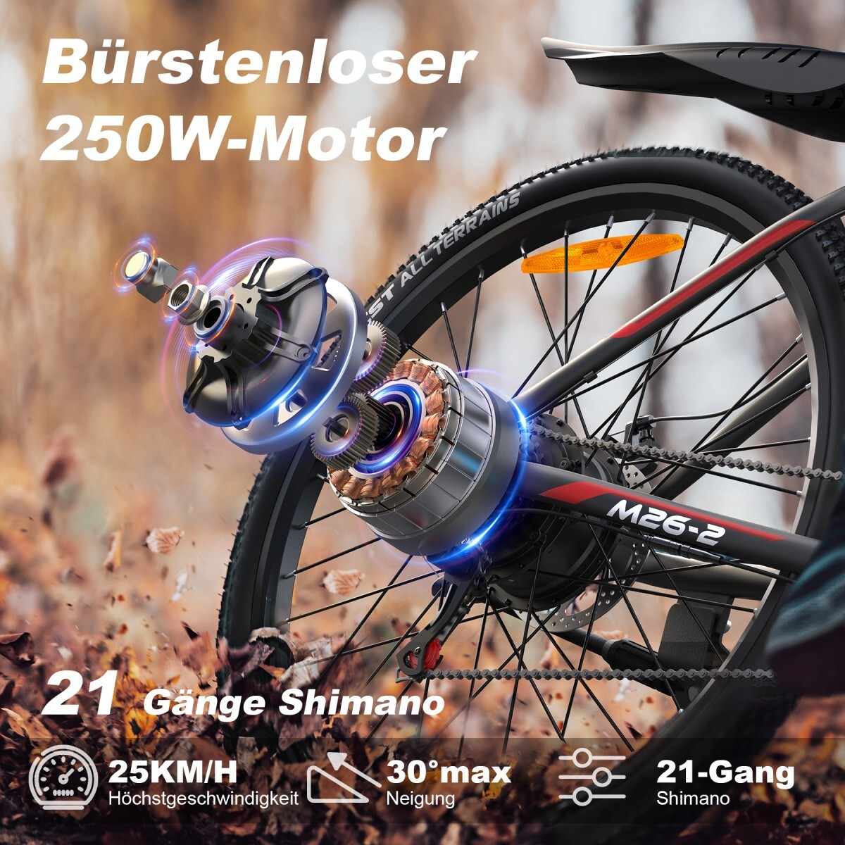 Zbliżenie silnika roweru elektrycznego z zębatkami, 21 biegów Shimano, 25 km/h.