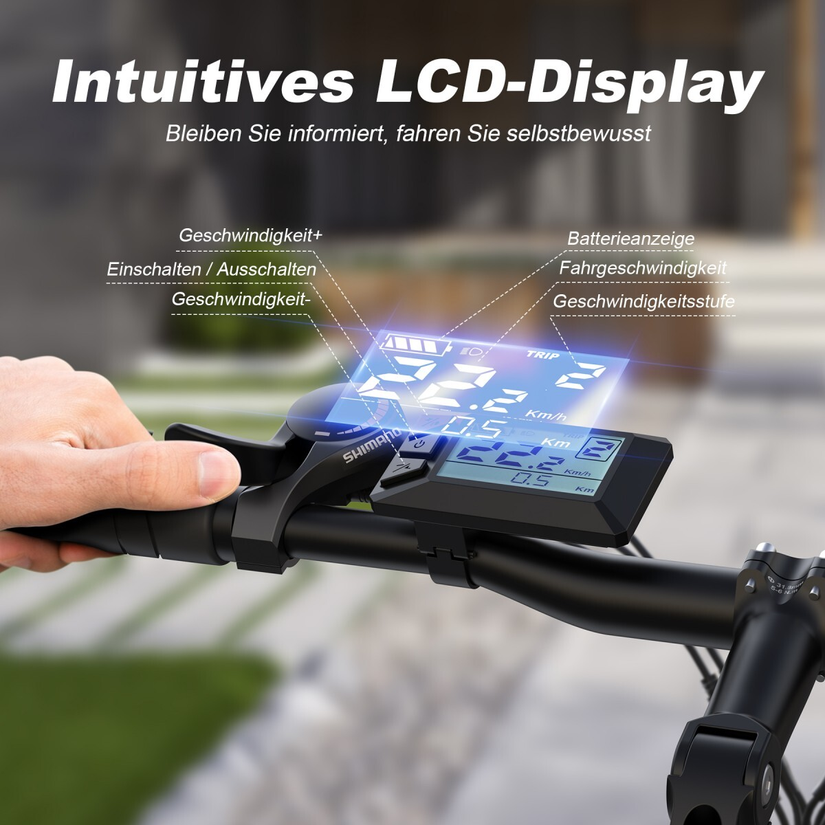 Intuicyjny wyświetlacz LCD na kierownicy roweru pokazujący kontrolki i prędkość.