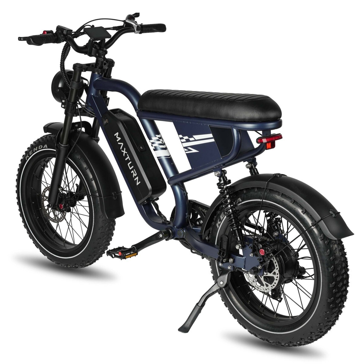 Dunkelblaues E-Bike mit breiten Reifen und gefedertem Rahmen.