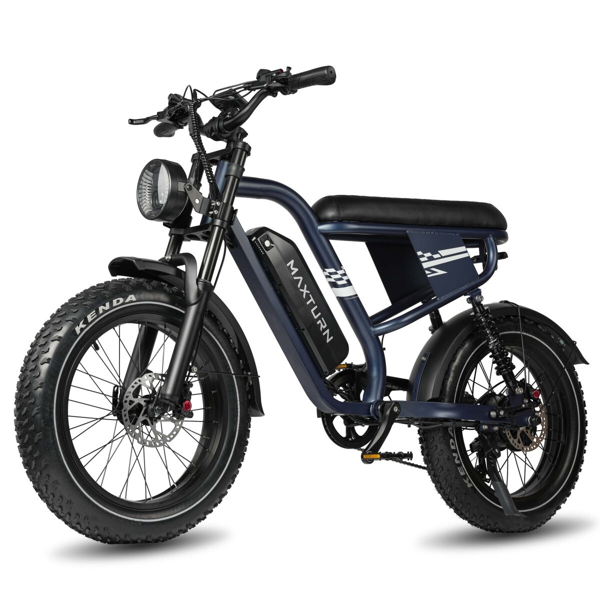 Dunkelblaues E-Bike mit fetten Reifen, schwarzem Sattel und Riemen.