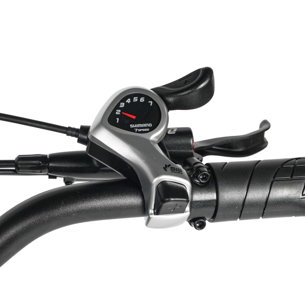 Fahrradschaltung mit Ganganzeige von 1 bis 7 und Shimano 7 Speed Logo.