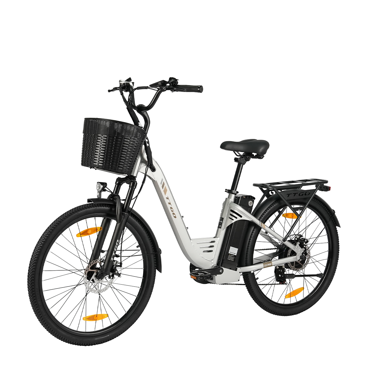 Srebrny rower elektryczny z czarnym koszem z przodu, bagażnikiem z tyłu i akumulatorem.