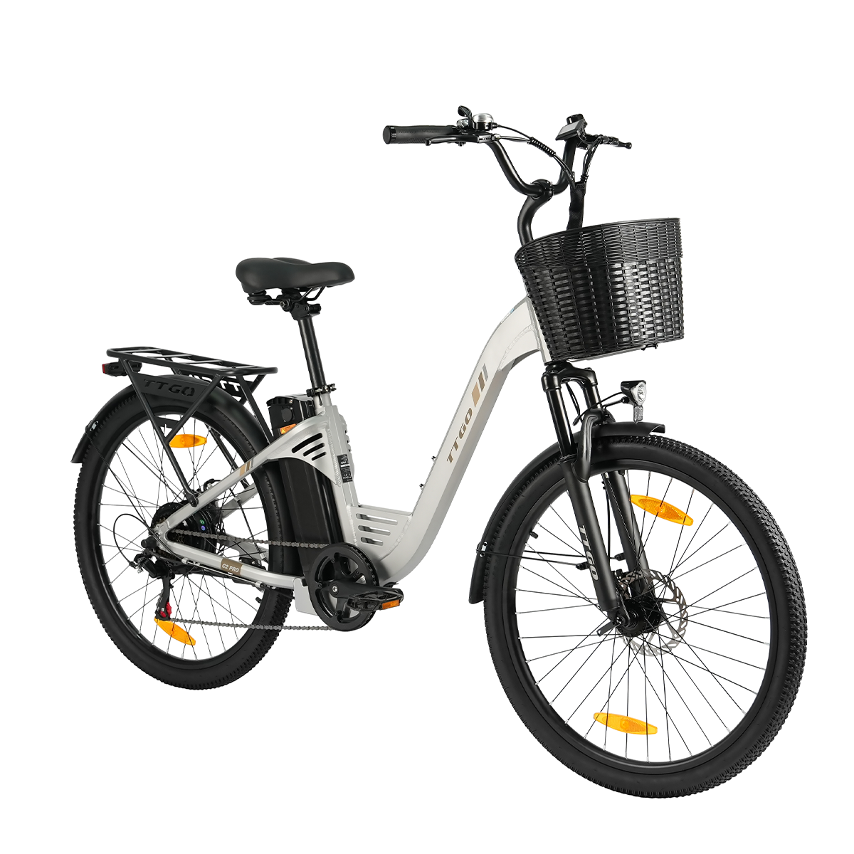 Srebrny rower elektryczny z czarnym przednim koszem, bagażnikiem i baterią.