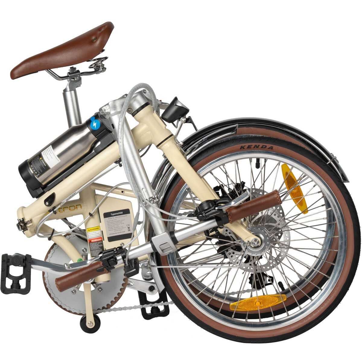 Kremowy rower składany z brązowym siodełkiem, baterią i brązowymi uchwytami.