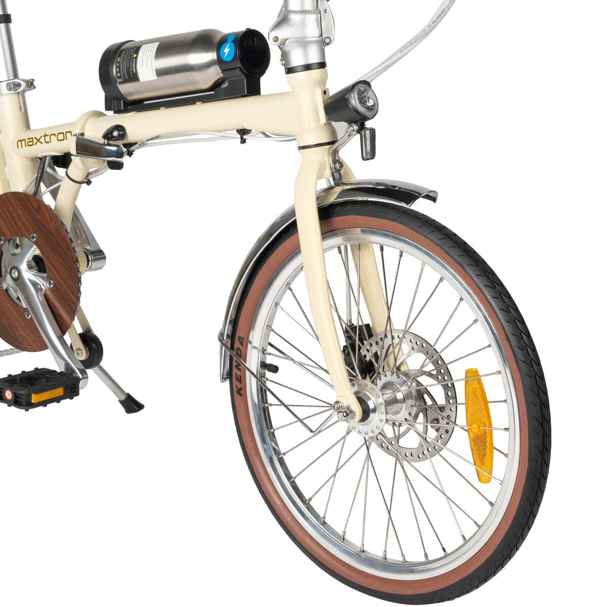 Kremowy przód składanego roweru elektrycznego Maxtron z metalową baterią.