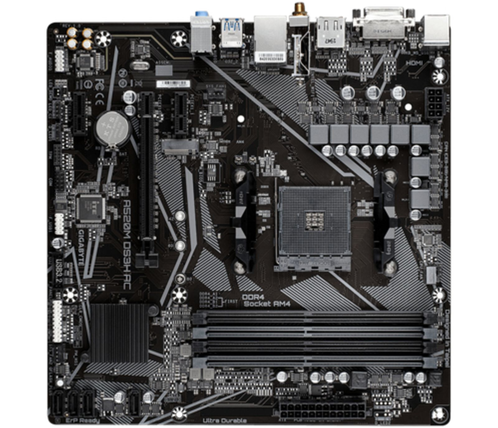 Une carte mère noire avec des accents argentés, un socket CPU et des emplacements RAM.