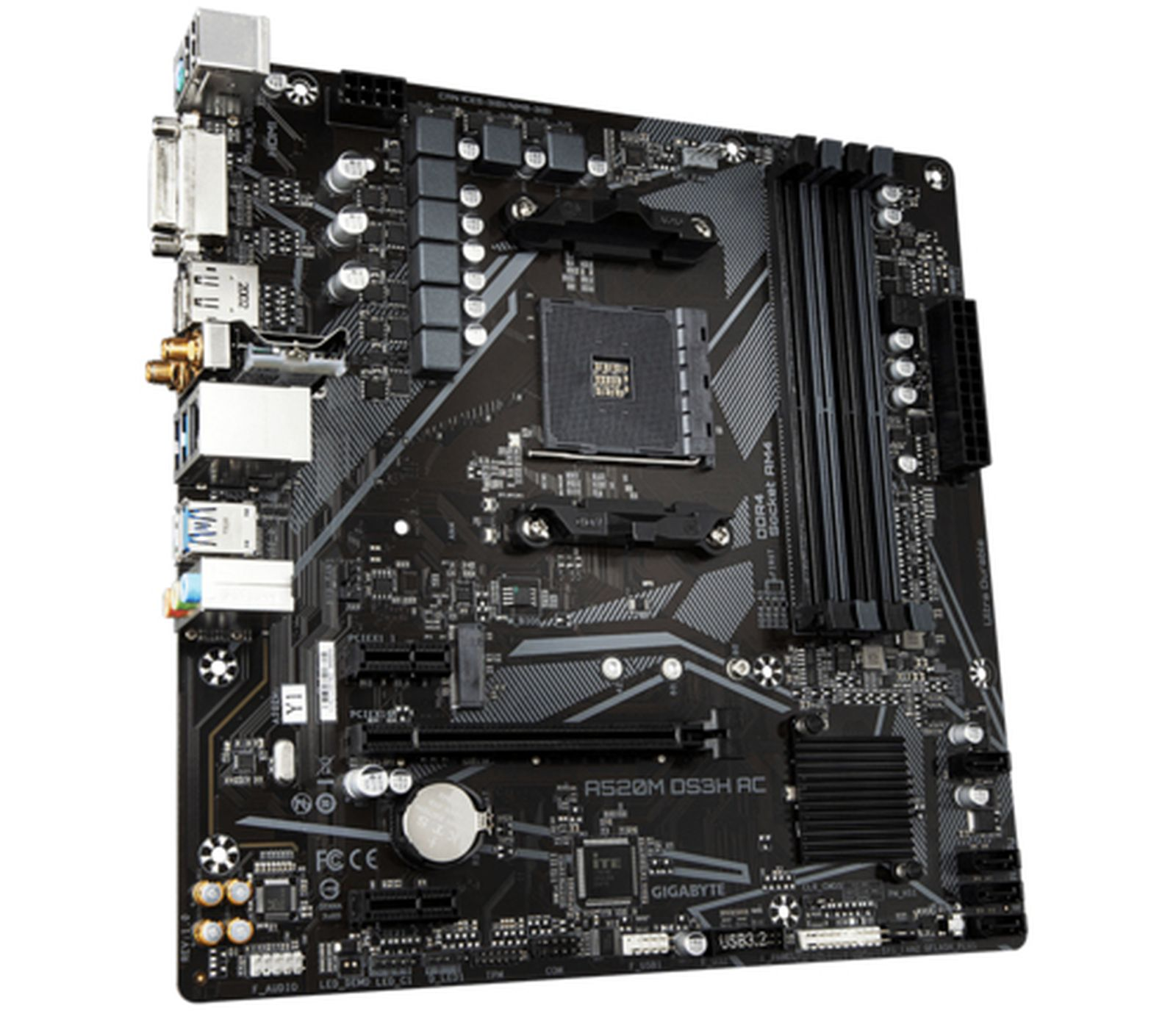 Carte mère noire avec socket CPU, emplacements RAM et ports.