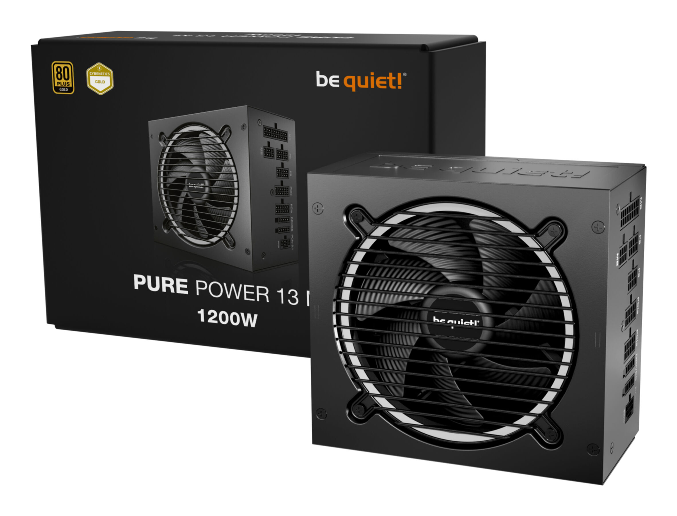 A black PC power supply with fan and packaging. 80 PLUS Gold certified.