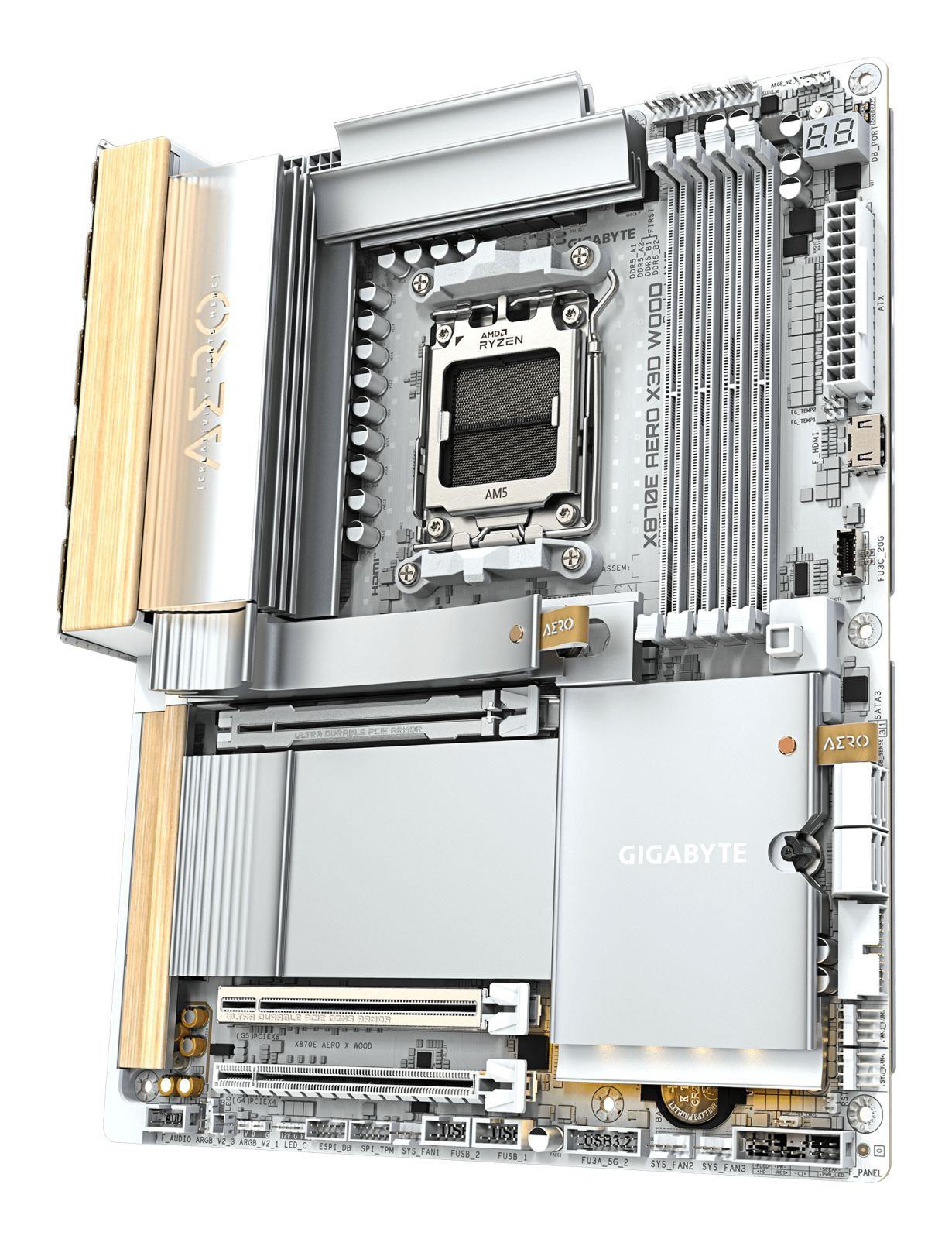 Ahşap vurgulara ve AMD Ryzen CPU soketine sahip beyaz anakart.