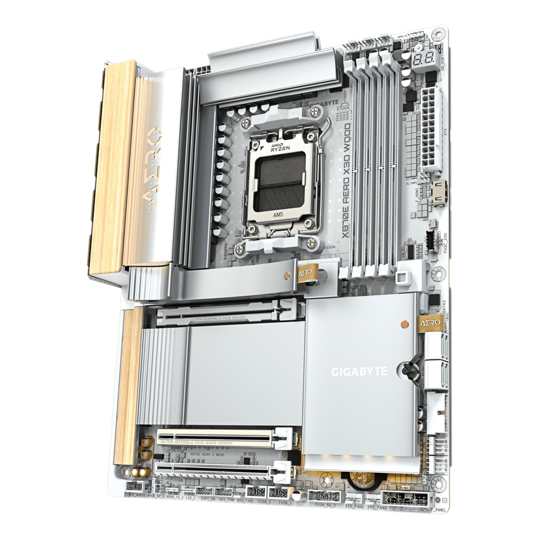 Gümüş ve ahşap vurgulu beyaz anakart, Ryzen logosu mevcut.