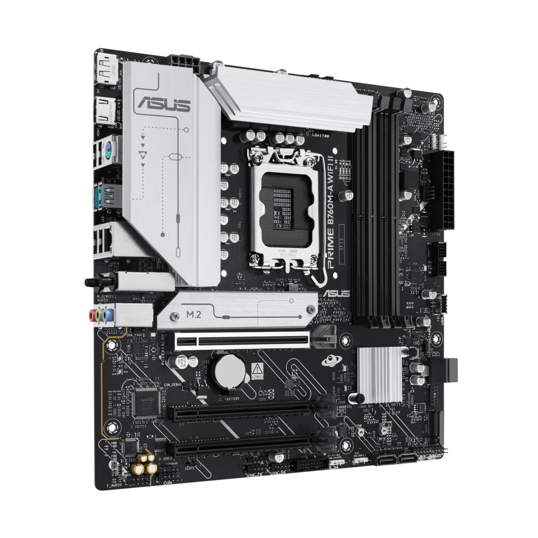 Een zwart ASUS Prime B760M-A WIFI II moederbord met zilveren koellichamen.