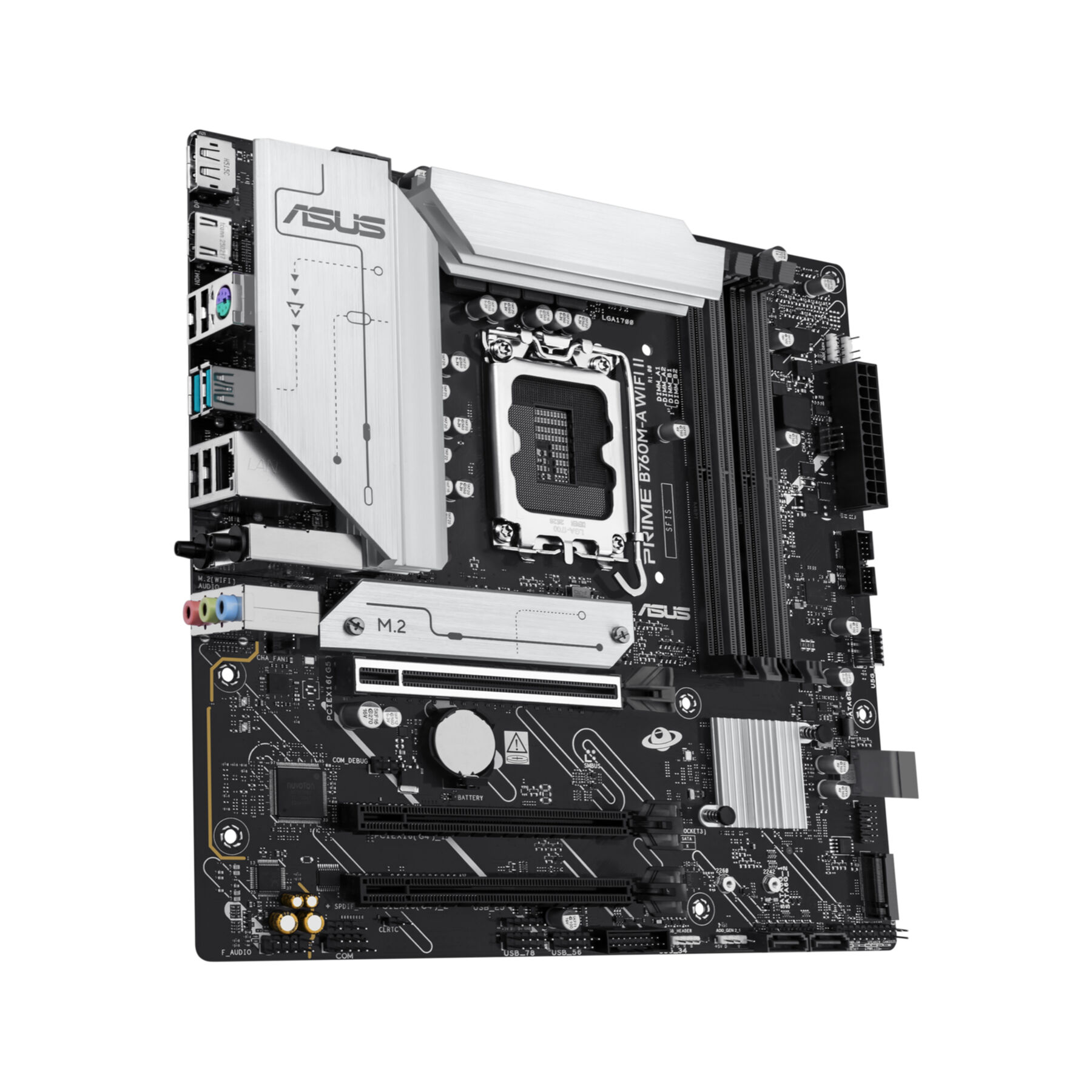 ASUS PRIME B760M-A WIFI II moederbord met CPU-socket, RAM-slots en poorten.
