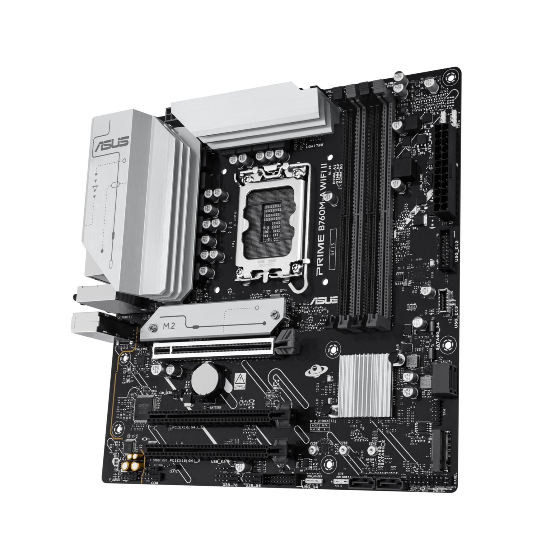ASUS moederbord met zilveren koellichamen, CPU-socket, RAM-sleuven en connectoren.