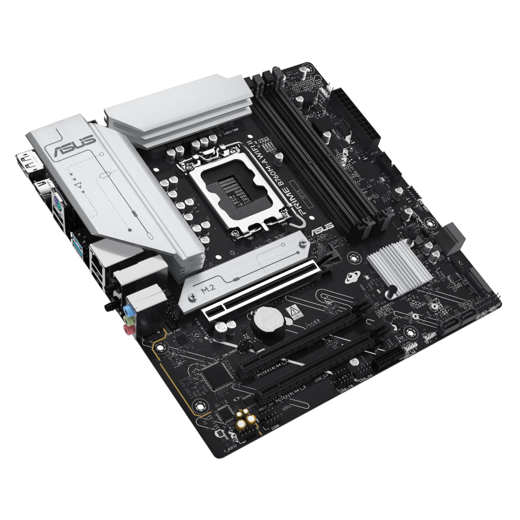 Een ASUS PRIME B760M-A WIFI II moederbord met CPU-socket, RAM-slots en M.2-slot.