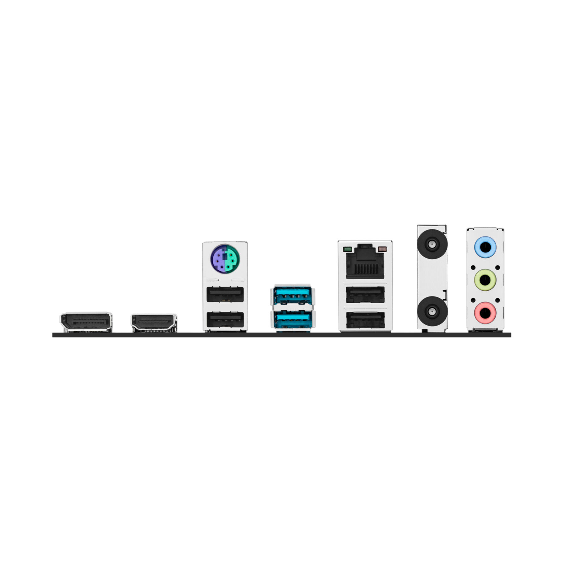 Computerpoorten: HDMI, USB, Ethernet, audiostekkers met gekleurde ringen.