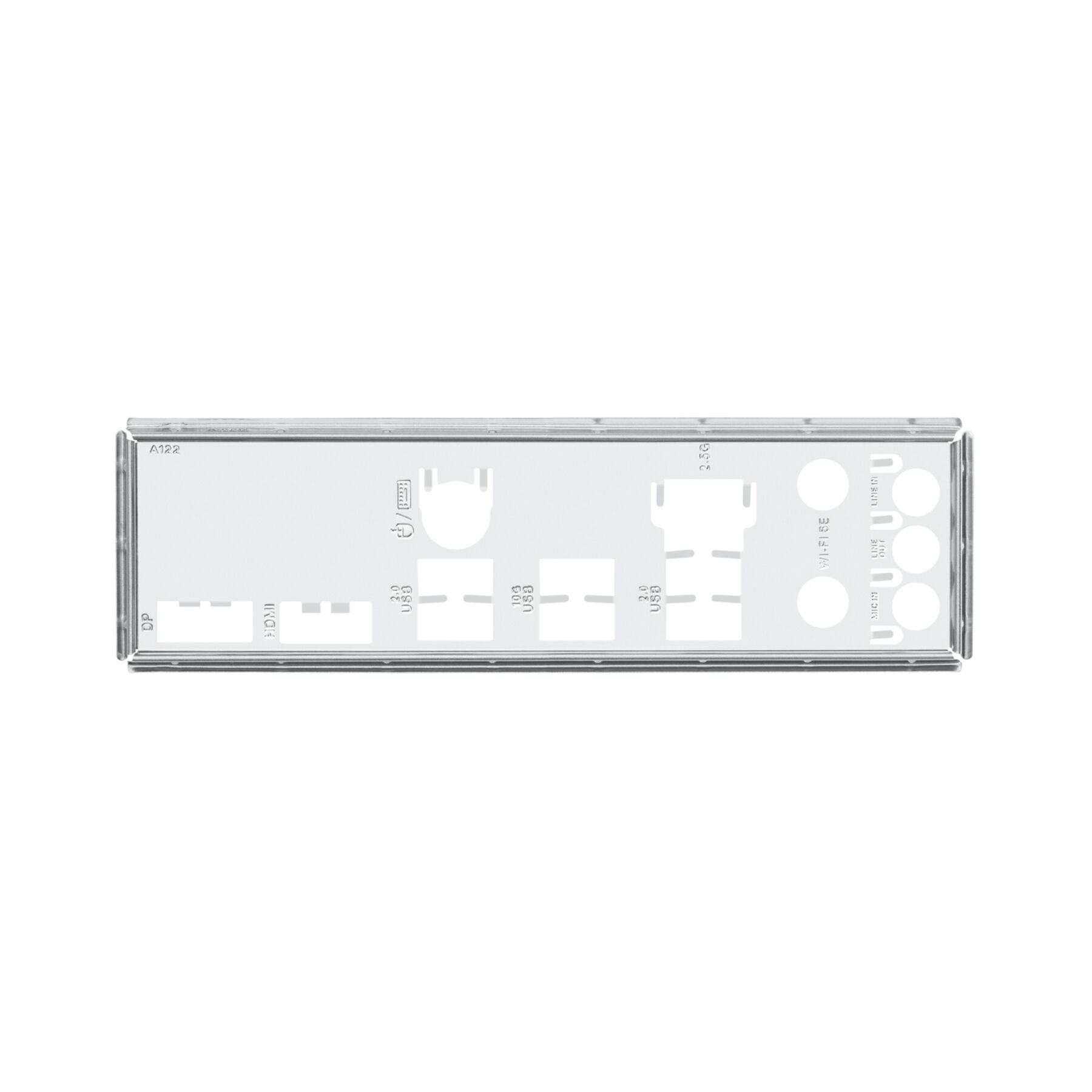 Achterkant moederbord met poorten: DP, HDMI, USB 3.0, 2.5G, Wi-Fi, Mic, Line In/Out.