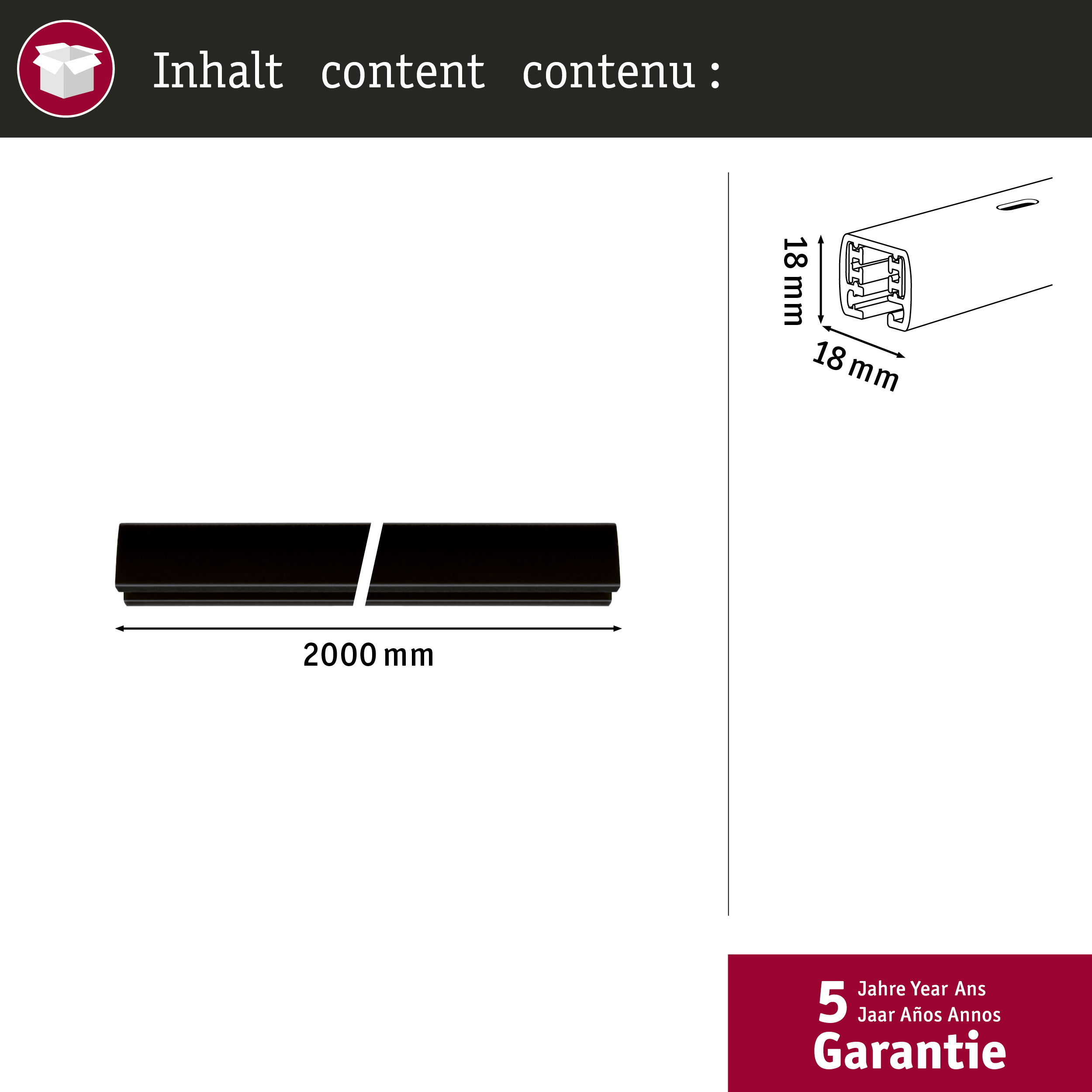 Ein schwarzes 2000mm Profil mit Maßangaben und 5 Jahre Garantie-Logo.