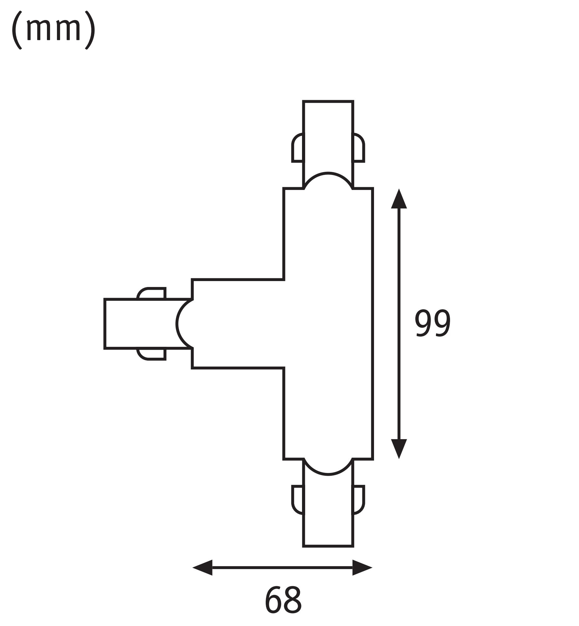 Technische Zeichnung eines T-Stücks mit Maßen 68 mm und 99 mm.