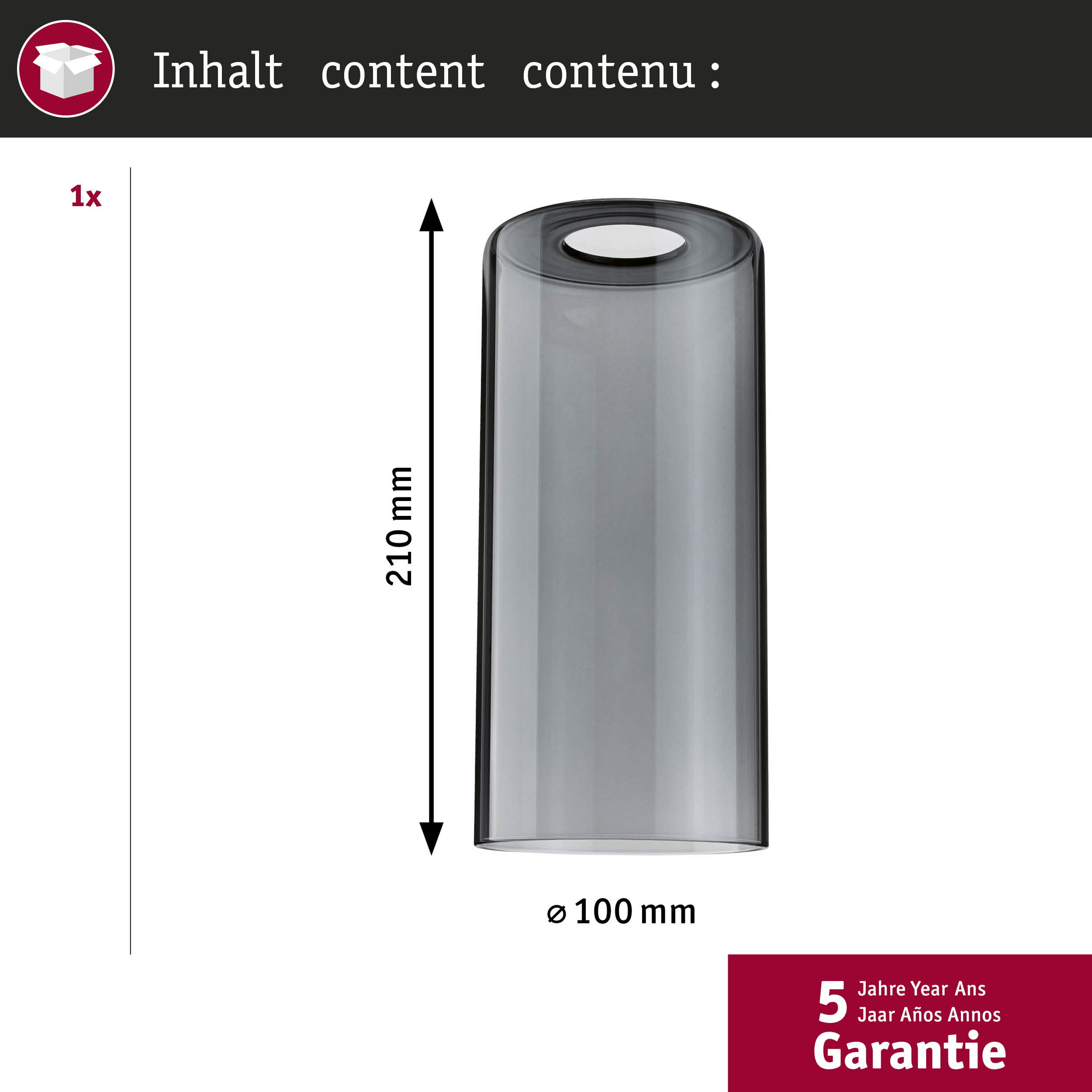 Grauer Glaszylinder, H: 210mm, Ø: 100mm, 5 Jahre Garantie.